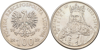 ПОЛЬША 100 ЗЛОТЫХ 1987 MW, КАЗИМИР III ВЕЛИКИЙ (1333-1370) KM 167 медно-никель UNC 4111-344