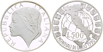 Италия 500 лир 1989 R, чемпионат мира по футболу в Италии 1990 года, карта Италии на глобусе, гербы KM 134 серебро PROOF 1080-1-41