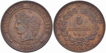 ФРАНЦИЯ 5 САНТИМОВ 1897 А, ТРЕТЬЯ РЕСПУБЛИКА (1871-1940) KM 821.1, LE FRANC 118.41 бронза 108-651