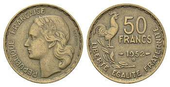 Франция 50 франков 1952 B KM 918.2 алюминиевая бронза    4660-324