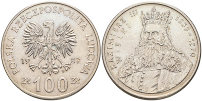 ПОЛЬША 100 ЗЛОТЫХ 1987 MW, КАЗИМИР III ВЕЛИКИЙ (1333-1370) KM 167 медно-никель UNC 4111-344
