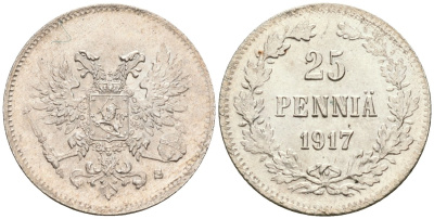 Россия для Финляндии 25 пенни 1917 S, временное правительство, без короны KM 19, Биткин 2 серебро aUNC 4580-1239