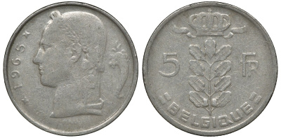 БЕЛЬГИЯ 5 ФРАНКОВ 1965 BELGIQUE KM 134.1 медно-никель 72-1213