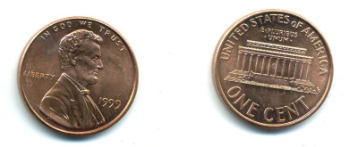 США 1 цент 1999 Авраам Линкольн KM 201b цинк плакированный медью UNC 4364-321