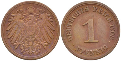 ГЕРМАНИЯ 1 ПФЕННИГ 1908 F KM 10, J. 10, Weege 2 медь 211-411