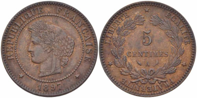 ФРАНЦИЯ 5 САНТИМОВ 1897 А, ТРЕТЬЯ РЕСПУБЛИКА (1871-1940) KM 821.1, LE FRANC 118.41 бронза 108-651