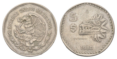 Мексика 5 песо 1980 ацтеская скульптура, пернатый змей Кетцалькоатль KM 485 медно-никель 4663-1027