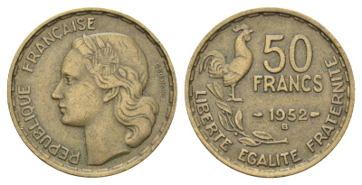 Франция 50 франков 1952 B KM 918.2 алюминиевая бронза    4660-324