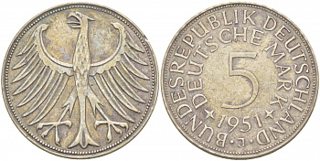 ФРГ 5 марок 1951 J (Гамбург), J. 387, KM 112.1 серебро 3457-322