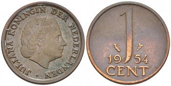 Нидерланды 1 цент 1954 Юлиана (1949-1980) KM 180 бронза 3457-1266