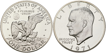США 1 доллар 1971 S, Президент Эйзенхауэр, лунный орел KM 203a серебро  PROOF  1095-7-12