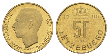 Люксембург 5 франков 1990 Великий герцог Жан (1964-2000), тираж 10.000 экземпляров KM 65 алюминиевая бронза BU 4178-652