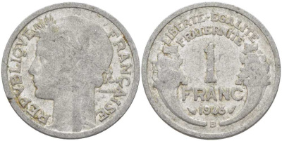 ФРАНЦИЯ 1 ФРАНК 1948 B, ТИП MORLON KM 885а.2, LE FRANC 221.14 алюминий 212-916