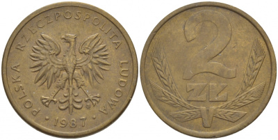 ПОЛЬША 2 ЗЛОТЫХ 1987 MW KM 80.2 латунь 4548-526
