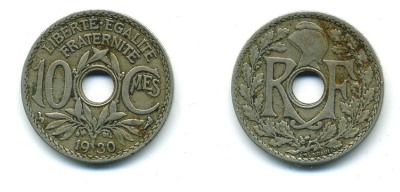 ФРАНЦИЯ 10 САНТИМОВ 1930 ТИП ЛИНДАЙЁ KM 866а медно-никель 84-343