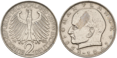 ФРГ 2 марки 1962 J, Макс Планк KM 116,  J. 392 медно-никель плакированный никелем 4149-525