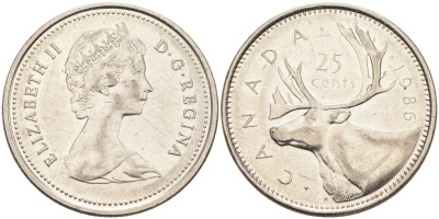 Канада 25 центов 1986 Елизавета II (1952-2022), олень KM 74 никель 4592-952