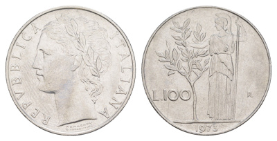 Италия 100 лир 1975 R, Афина в доспехах KM 96.1 нержавеющая сталь 4556-236