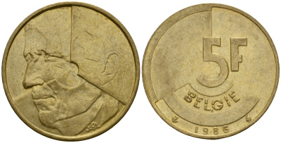 Бельгия 5 франков 1986 Belgie, Бодуэн I (1951-1993) KM 164 алюминиевая бронза 4601-234