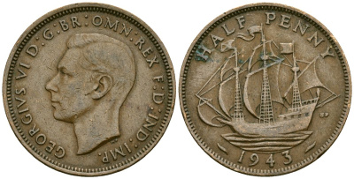 Великобритания 1/2 пенни 1943 Георг VI (1936-1952) KM 844, Spink 4115 бронза 4577-846