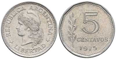 Аргентина 5 сентаво 1975 голова свободы влево KM 65, CJ 354, Schon 65 алюминий    4609-1216