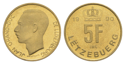 Люксембург 5 франков 1990 Великий герцог Жан (1964-2000), тираж 10.000 экземпляров KM 65 алюминиевая бронза BU 4178-652