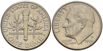 США 10 ЦЕНТОВ = 1 ДАЙМ 1994 D, РУЗВЕЛЬТ KM 195а медь плакированная медно-никелем 66-1128