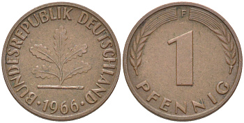 ФРГ 1 пфенниг 1966 F KM 105, J. 380 сталь плакированная медью 4181-542
