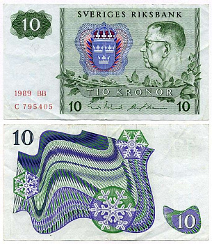 ШВЕЦИЯ 10 КРОН 1989 СЕРИЯ BB, ГУСТАВ VI АДОЛЬФ Pick 52e бумага 8612-31-1-1