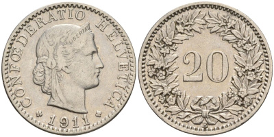 Швейцария 20 раппенов 1911 B KM 29 никель 4606-744