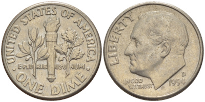 США 10 ЦЕНТОВ = 1 ДАЙМ 1994 D, РУЗВЕЛЬТ KM 195а медь плакированная медно-никелем 66-1128