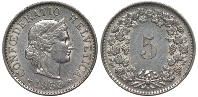 Швейцария 5 раппенов 1959 в KM 26 медно-никель 4124-533