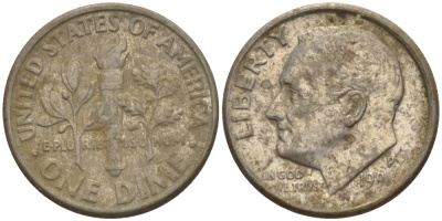 США 10 ЦЕНТОВ = 1 ДАЙМ 1991 P, РУЗВЕЛЬТ KM 195а медь плакированная медно-никелем 66-1124