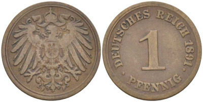ГЕРМАНИЯ 1 ПФЕННИГ 1891 F KM 10, J. 10, Weege 2 медь 211-722