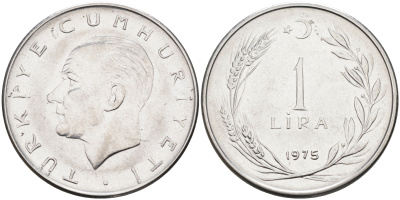 Турция 1 лира 1975 Мустафа Кемаль Ататюрк KM 889a.2 нержавеющая сталь 4117-143