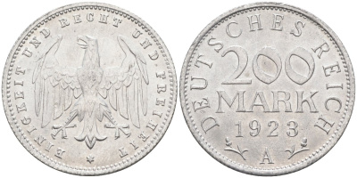 Германия 200 марок 1923 A KM 35, J. 304, Weege 22 алюминий UNC 4586-223