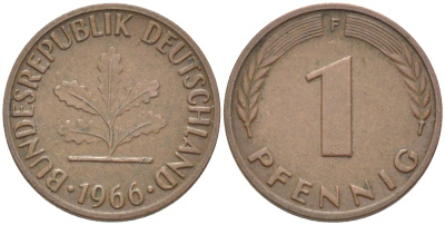 ФРГ 1 пфенниг 1966 F KM 105, J. 380 сталь плакированная медью 4181-542