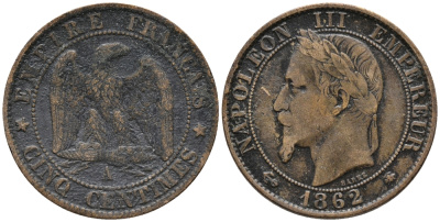 ФРАНЦИЯ 5 САНТИМОВ 1862 А, НАПОЛЕОН III (1852-1870) KM 797.1, LE FRANC 117.5 бронза 34-1156