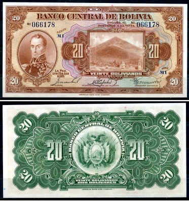 Боливия 20 боливиано 1928 Симон Боливар, Потоси, серия M1 Pick 122 a (7)  бумага  aUNC 444-2-2-2