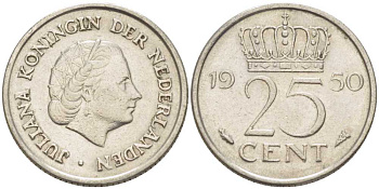 НИДЕРЛАНДЫ 25 ЦЕНТОВ 1950 ЮЛИАНА (1948-1980) KM 183 никель 214-911