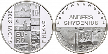 Финляндия 10 евро 2003 200 лет со дня смерти Андерса Чудениуса KM 110 серебро PROOF 11-176-14