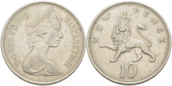 Великобритания 10 пенсов 1968 Елизавета II (1952-2022) KM 912, Spink 4231 (F1) медно-никель 215-735