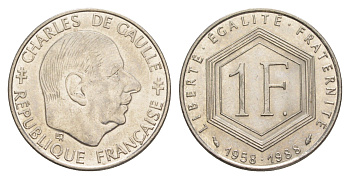 Франция 1 франк 1988 30 лет Пятой Республике KM 963 никель UNC 4637-257