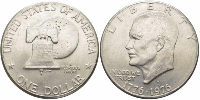США 1 доллар 1976 D, 200 лет независимости, Президент Эйзенхауэр, колокол, тип I KM 206 медь плакированная медно-никелем 58-611
