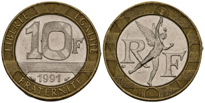 Франция 10 франков 1991 тип Гений Бастилии KM 964.1, Le Frank 375.6 биметалл 4138-334