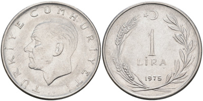 Турция 1 лира 1975 Мустафа Кемаль Ататюрк KM 889а.2 нержавеющая сталь 4575-1037