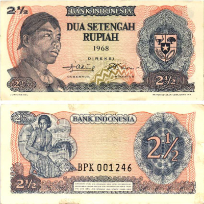 ИНДОНЕЗИЯ 2 1/2 РУПИИ 1968 Pick 103а бумага 7215-5-2-2