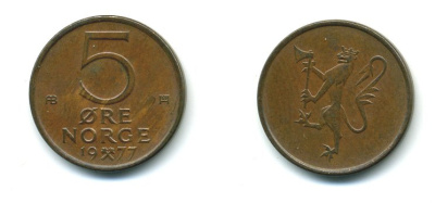 Норвегия 5 эре 1977 Улаф V (1958-1991) KM 415 бронза 4364-926