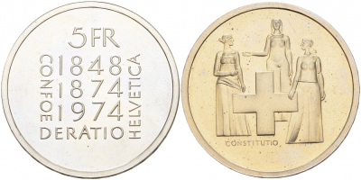 Швейцария 5 франков 1974 100 лет изменения Конституции KM 52 медно-никель PROOF 1087-3-31