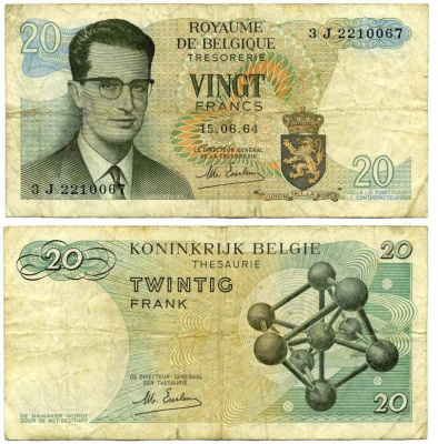 Бельгия 20 франков 1964 Бодуэн I, атомиум, Esselens Pick 138 (2) бумага 6262-52-1-1